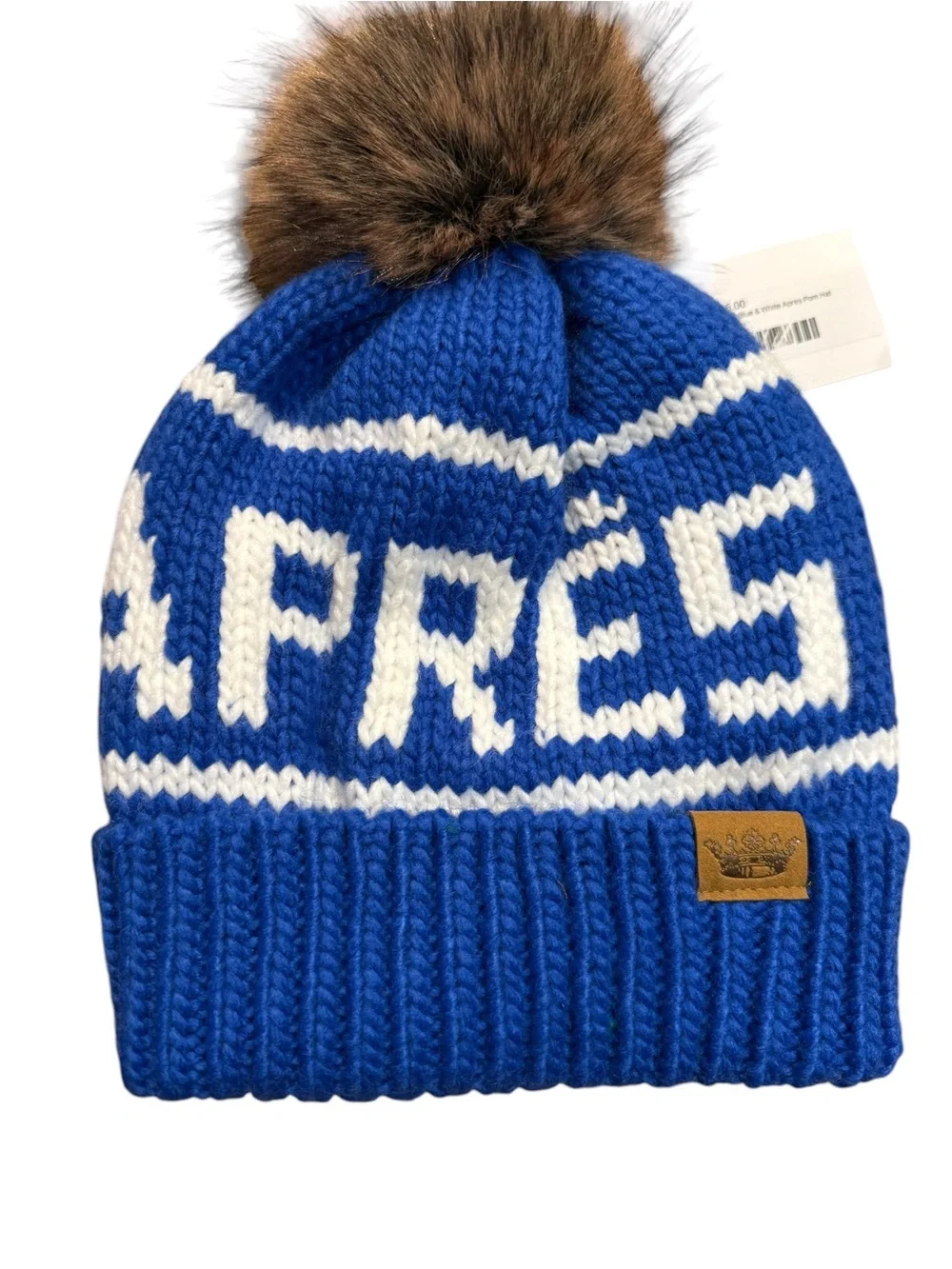 Crown Apres Women’s  Pom-Pom Knit Beanie Velour Lined - Blue & White